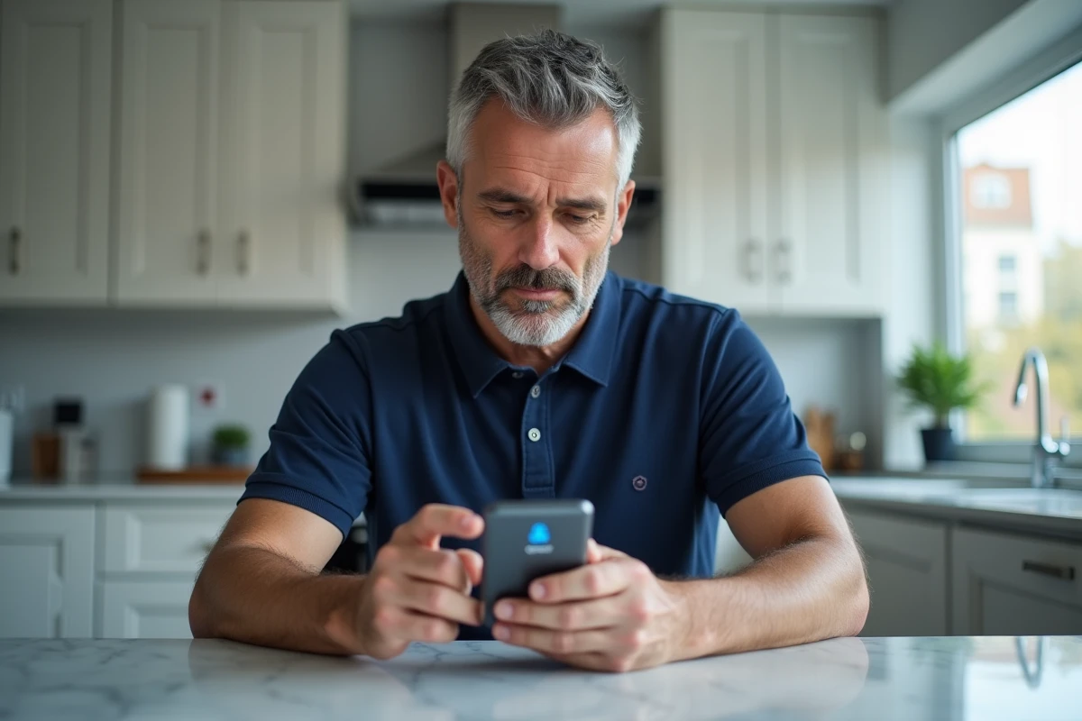 Homme activant son espace protégé Mon Proxima sur smartphone dans une cuisine moderne