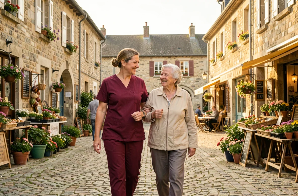 Une intervenante de l'Adad Baume-les-Dames se promène bras dessus bras dessous avec une personne âgée sur la place du marché de Baume-les-Dames