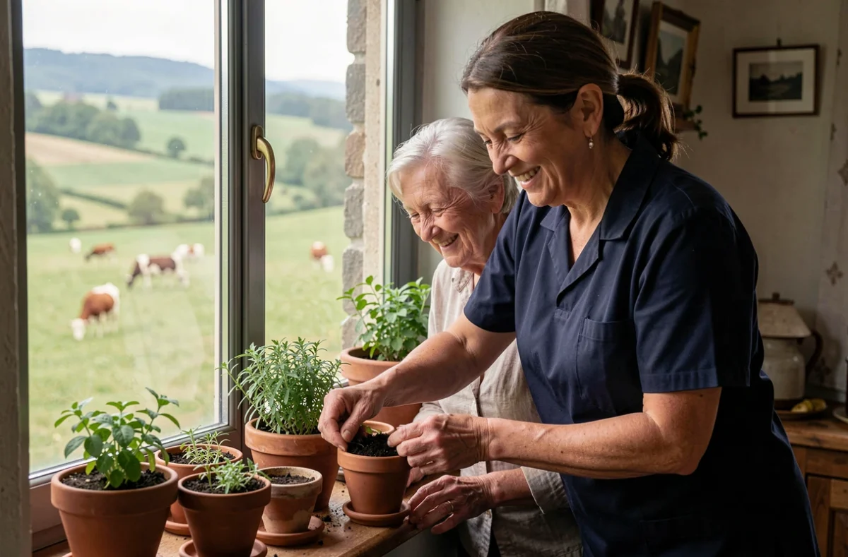 Une auxiliaire de l'Adad Frasne aide une personne âgée à entretenir ses plantes dans une maison traditionnelle du village de Frasne dans le Doubs