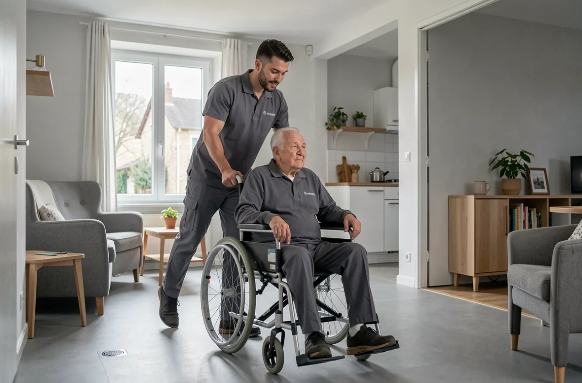 Un aidant de l'Adad Valdahon accompagne un homme en fauteuil roulant dans un appartement adapté à Valdahon dans le Doubs