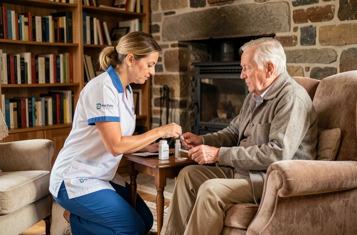 Une intervenante de l'ADMR Doubs aide un senior à gérer ses médicaments dans un salon rural confortable du département