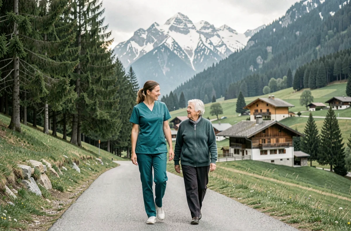 Une accompagnatrice de l'ADMR Lacs et Montagnes du Haut-Doubs se promène avec une personne âgée dans un village montagnard enneigé