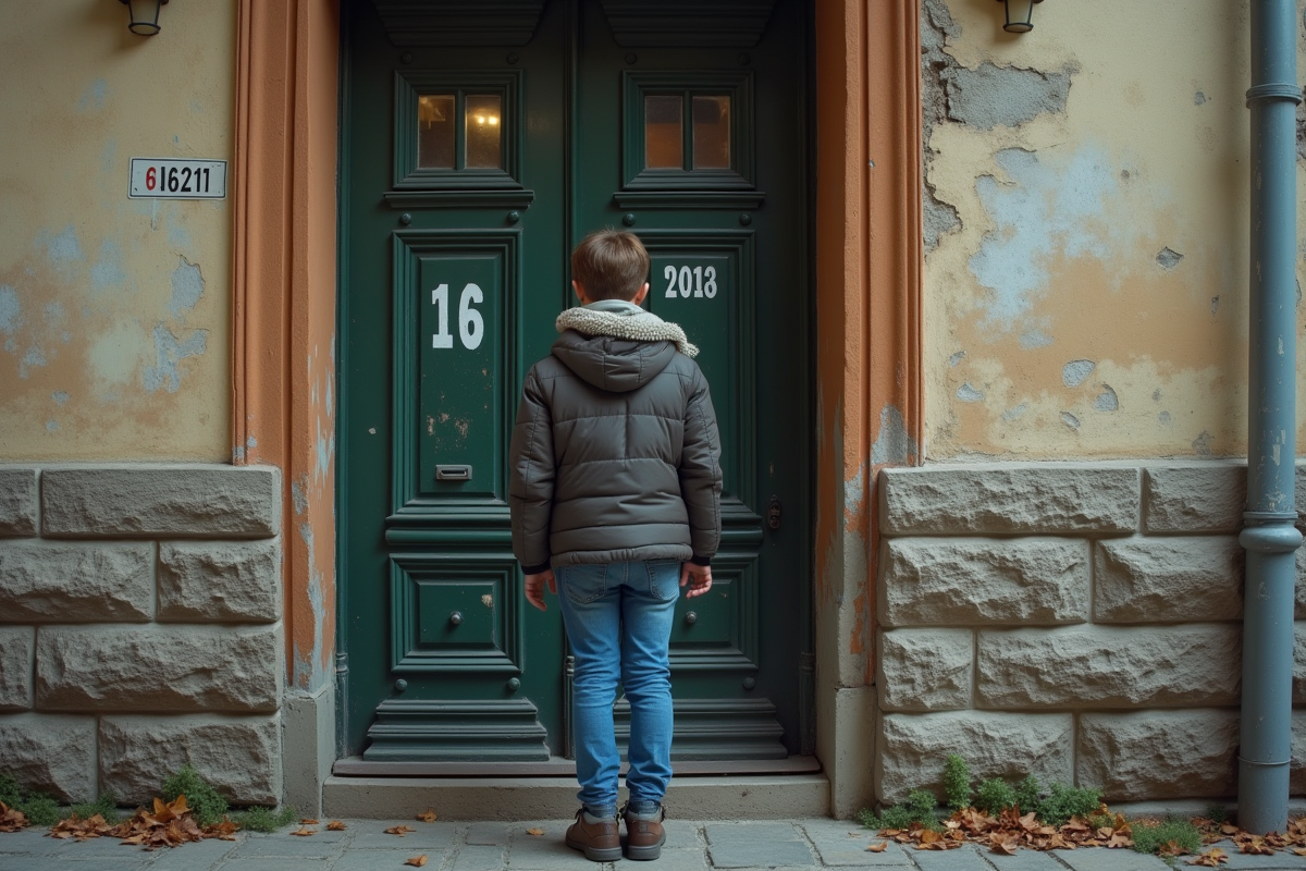 Adolescent hésitant devant une vieille porte d