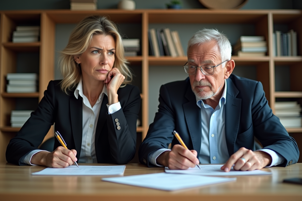 Femme d'âge moyen et homme âgé examinant des documents juridiques