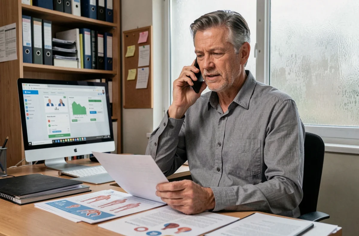 Aidant familial gérant la coordination des soins d'un proche senior par téléphone avec un tableau de bord numérique
