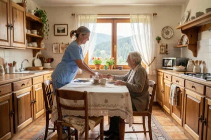 Une aide à domicile en uniforme bleu accompagne une personne âgée dans une maison typique du Doubs, vue grand angle sur la scène intérieure chaleureuse