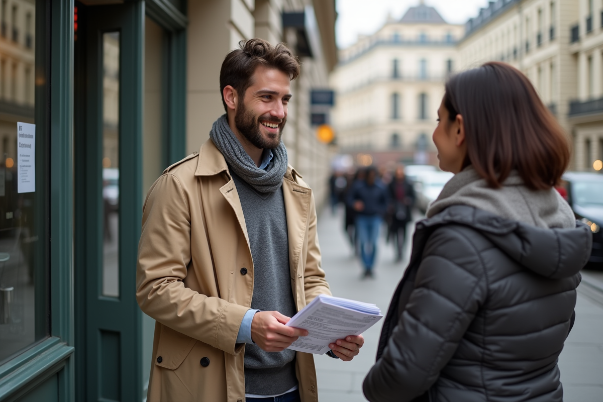 Jeune aide juridique parlant avec une femme devant un centre legal parisien