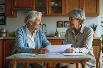 Femme âgée avec aidante dans une cuisine chaleureuse