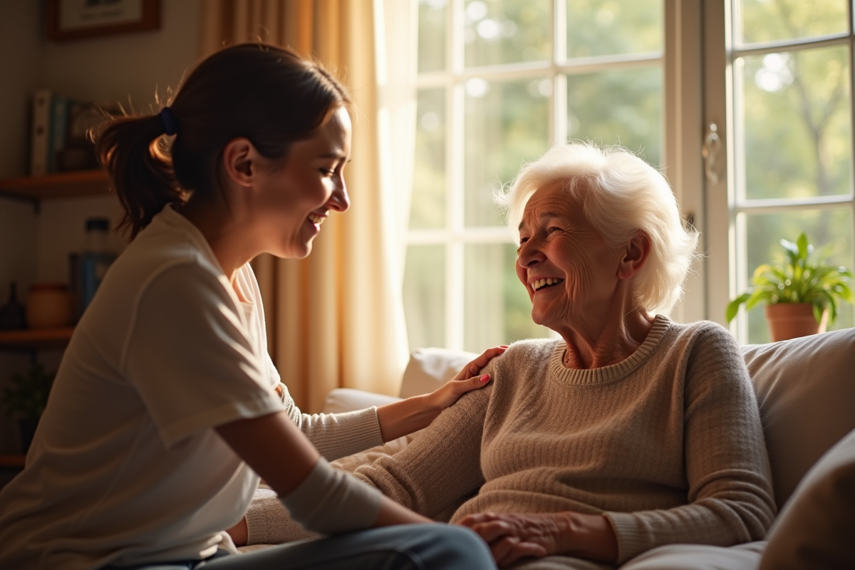 Femme âgée aidée par un membre de la famille dans un salon chaleureux