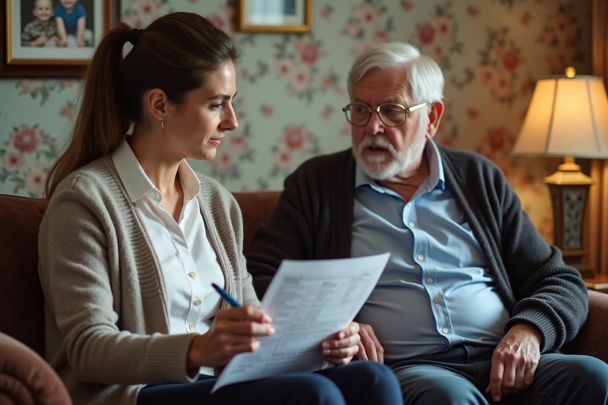 Assistante sociale remplissant un formulaire AGGIR auprès d'un senior