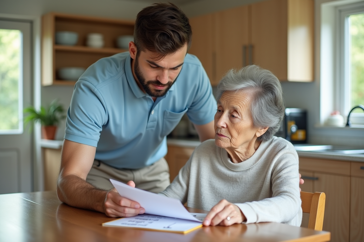 Jeune aide aidant une personne âgée à vérifier la liste de médicaments