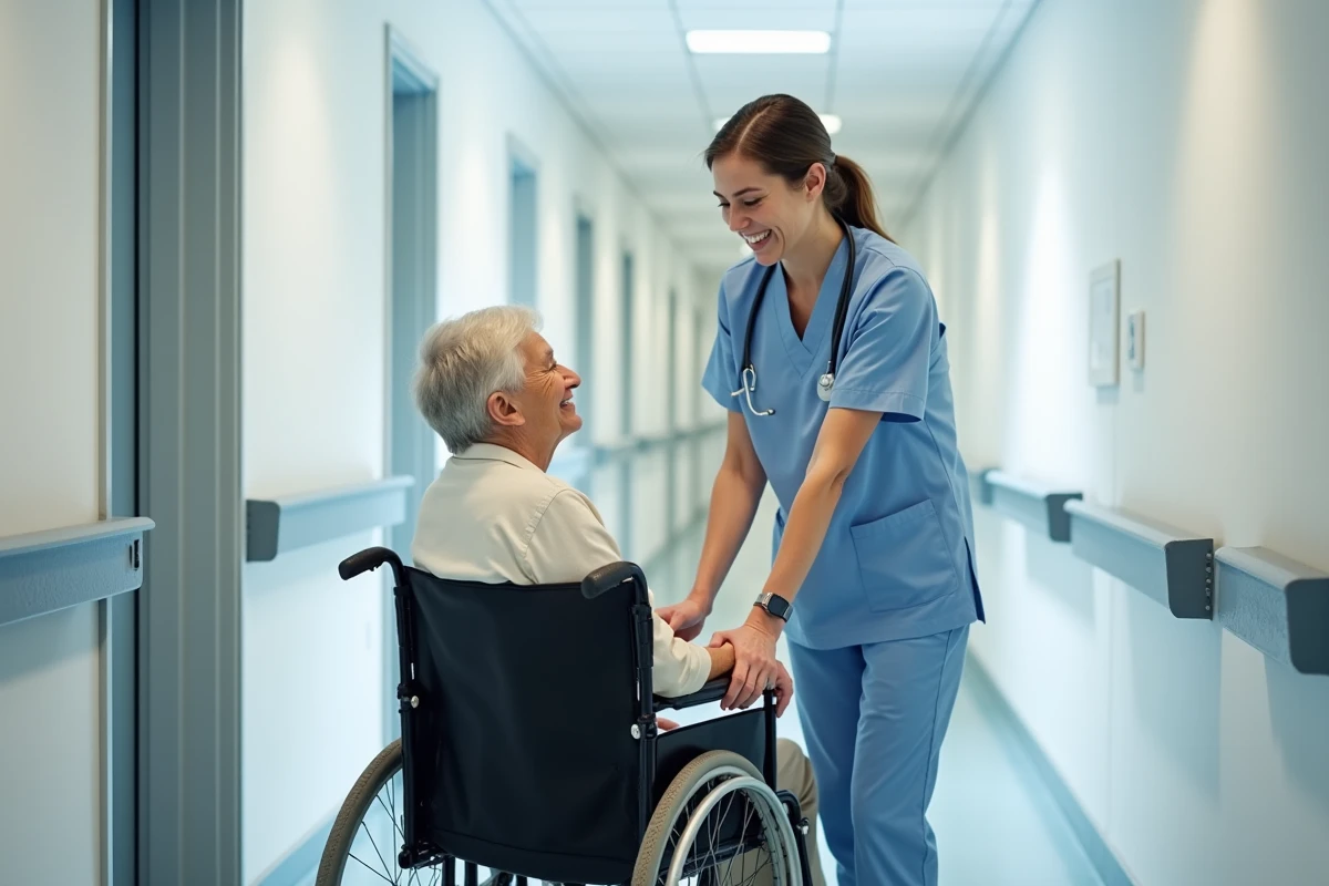 Aide-soignante accompagnant une personne dépendante classée GIR 2 dans un établissement de soins