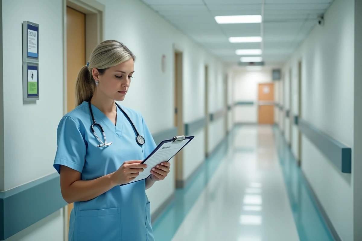 Aide-soignante en uniforme bleu dans un couloir d'hôpital propre