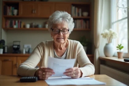 Aide-soignante retraitée calculant sa pension à domicile en province