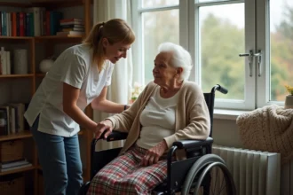 Femme âgée en fauteuil avec aide soignante attentionnée