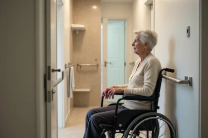 Femme âgée en fauteuil roulant dans une salle de bain aménagée avec barres d'appui et douche accessible, illustrant l'adaptation du logement selon le GIR