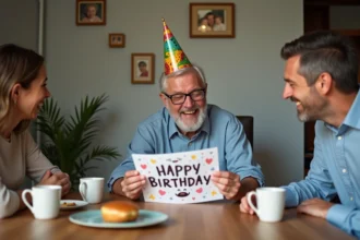 Homme de 70 ans souriant avec chapeau coloré lisant une carte d anniversaire