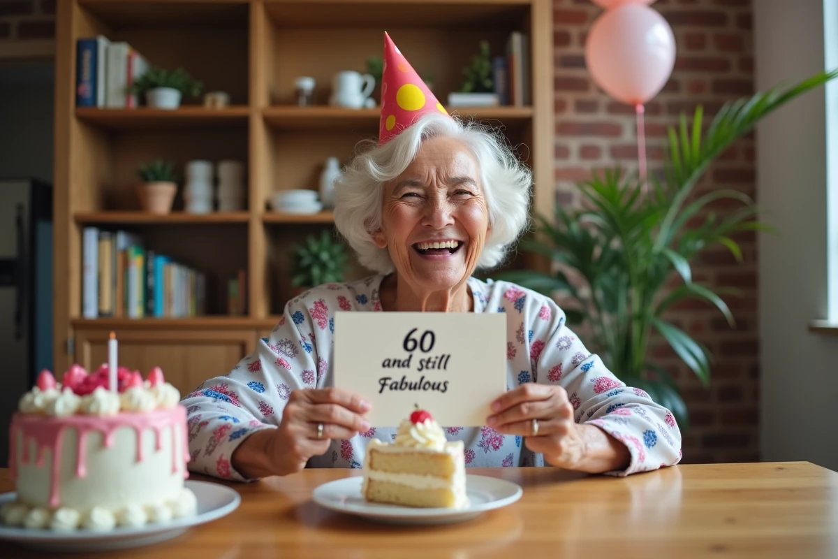Femme souriante de 60 ans avec chapeau coloré et gâteau d'anniversaire