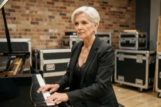 Femme artiste chevronnée dans la soixantaine assise devant un piano en coulisses, symbolisant la résilience et la carrière musicale malgré les défis de santé