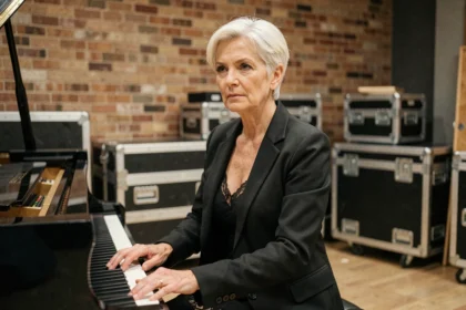 Femme artiste chevronnée dans la soixantaine assise devant un piano en coulisses, symbolisant la résilience et la carrière musicale malgré les défis de santé