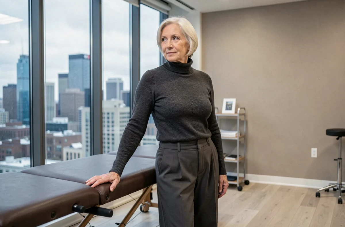 Femme artiste âgée en séance de rééducation physique dans un studio moderne, illustrant l'impact de la santé sur la carrière d'une icône de la musique en 2026