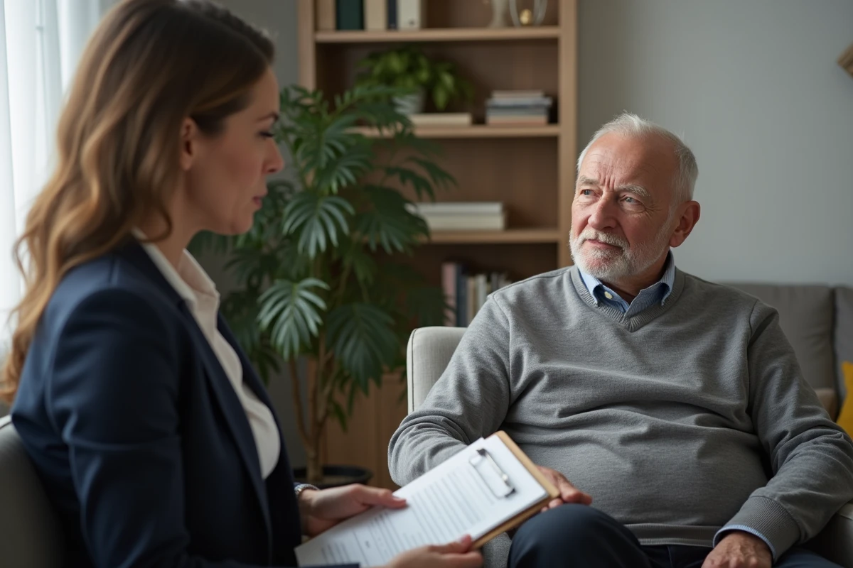 Assistante sociale en entretien avec une personne âgée dépendante pour évaluation GIR