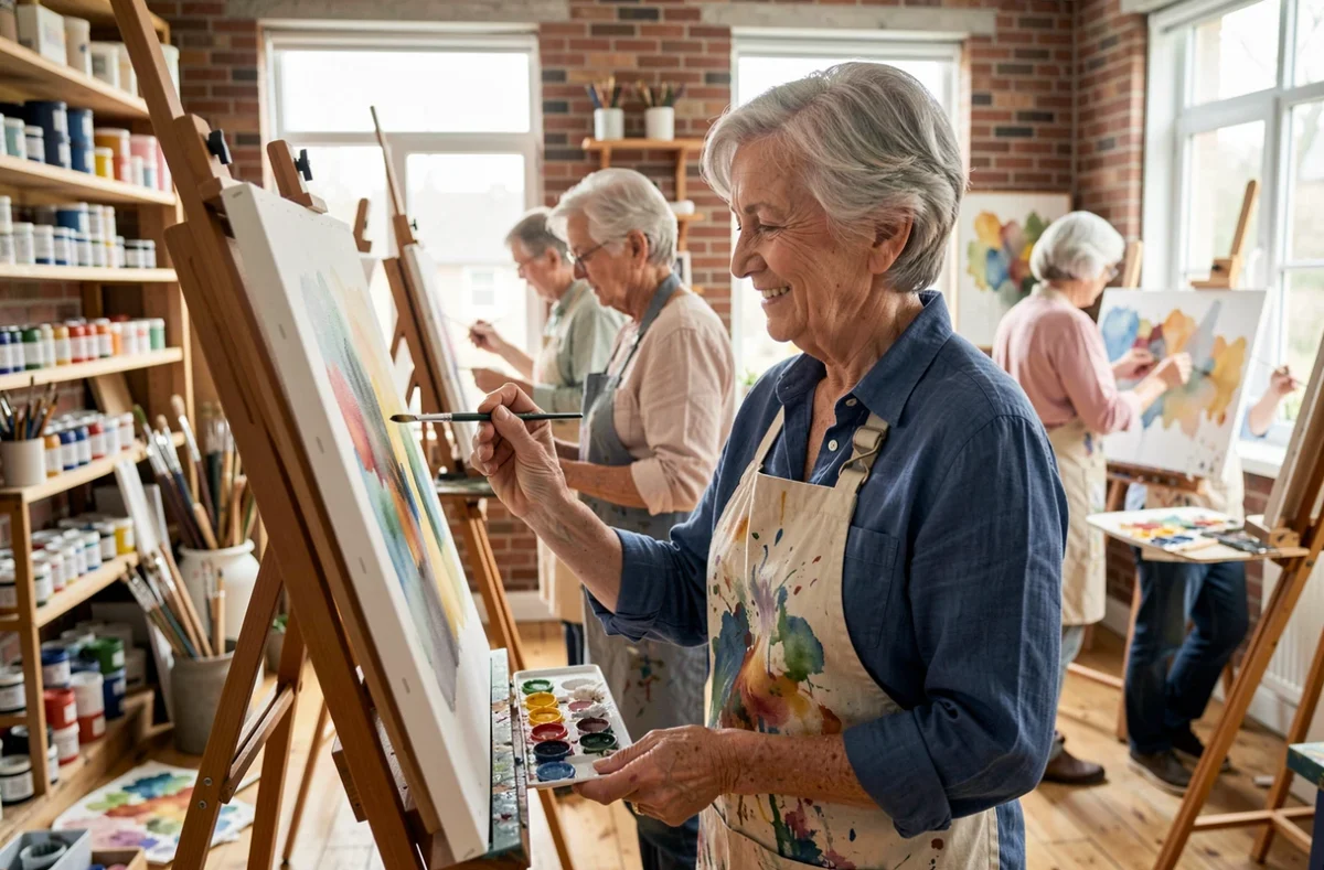 Femme senior peignant à l'aquarelle dans un atelier artistique, activité créative accessible pour les retraités à faible coût