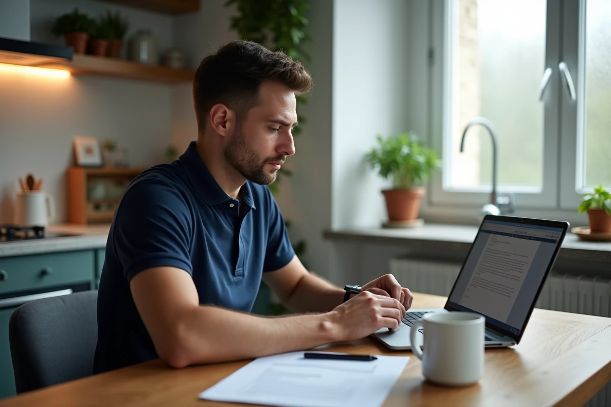 Homme préparant sa candidature pour un poste d'auxiliaire de vie à domicile sur son ordinateur portable