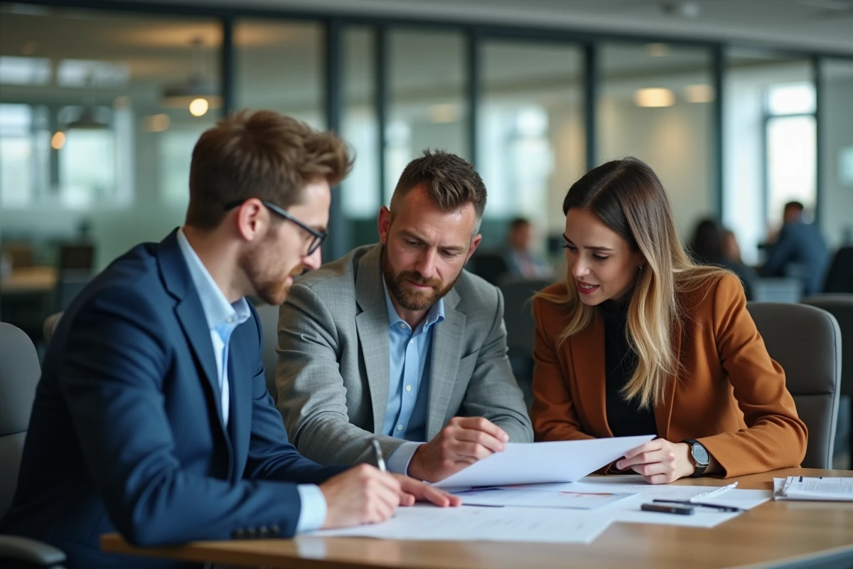 Collègues de bureau discutant des avantages salariaux et des chèques vacances en entreprise