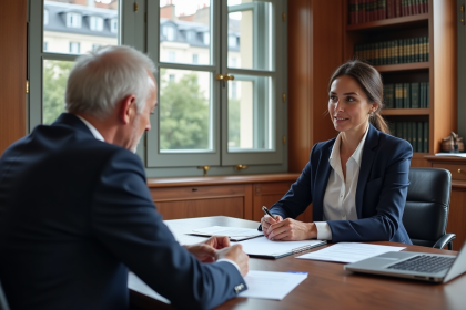 Avocate expliquant un contrat à un client dans un bureau parisien