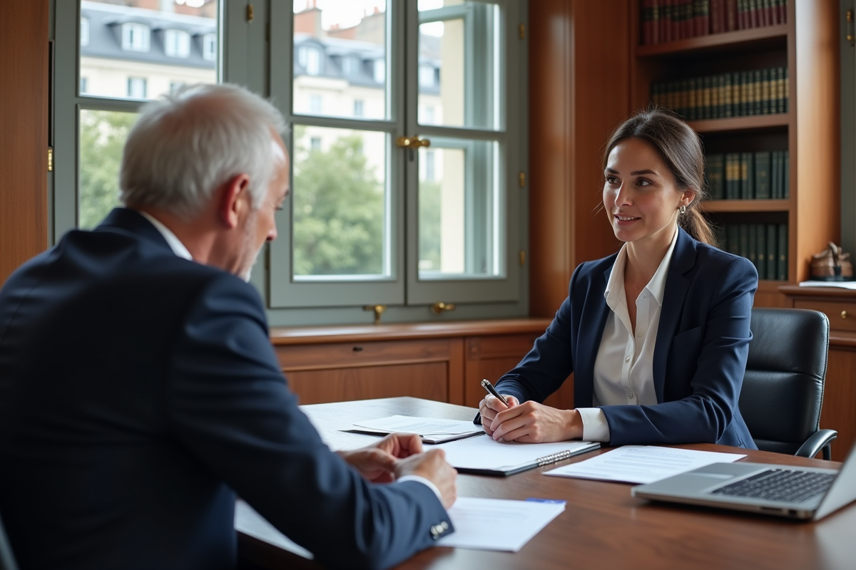 Avocate expliquant un contrat à un client dans un bureau parisien