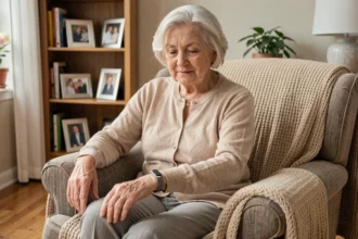 Femme âgée à domicile portant un bracelet anti-chute après une hospitalisation