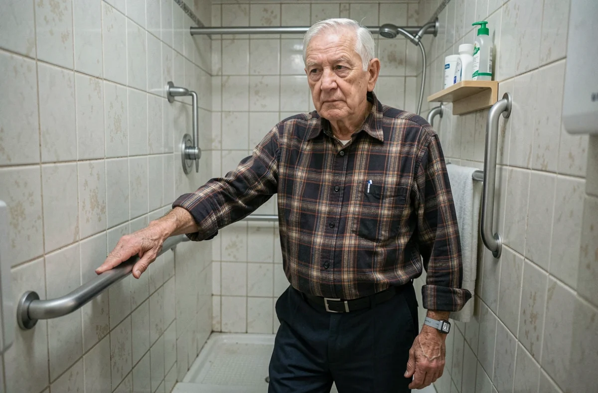 Homme âgé dans une salle de bain avec bracelet anti-chute sans abonnement