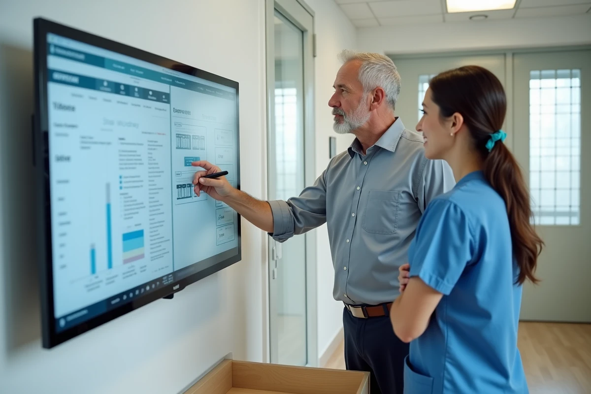 Cadre de santé et infirmière examinant le tableau de bord NETSoins Colisée lors d'un audit interne en EHPAD