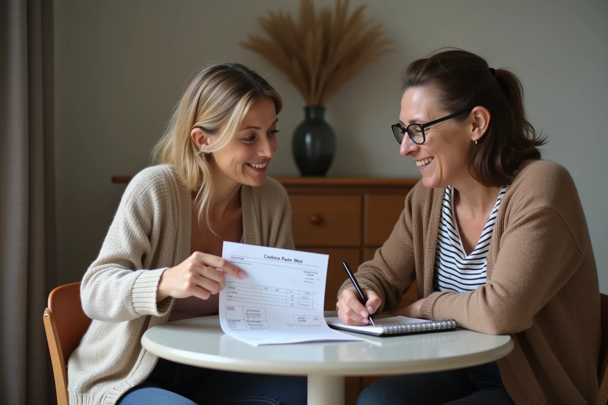 Employée et employeuse de maison révisant ensemble une fiche de paie CESU pour corriger les erreurs de déclaration