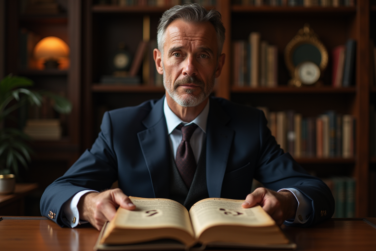 Homme en costume navy étudiant un manuscrit ancien