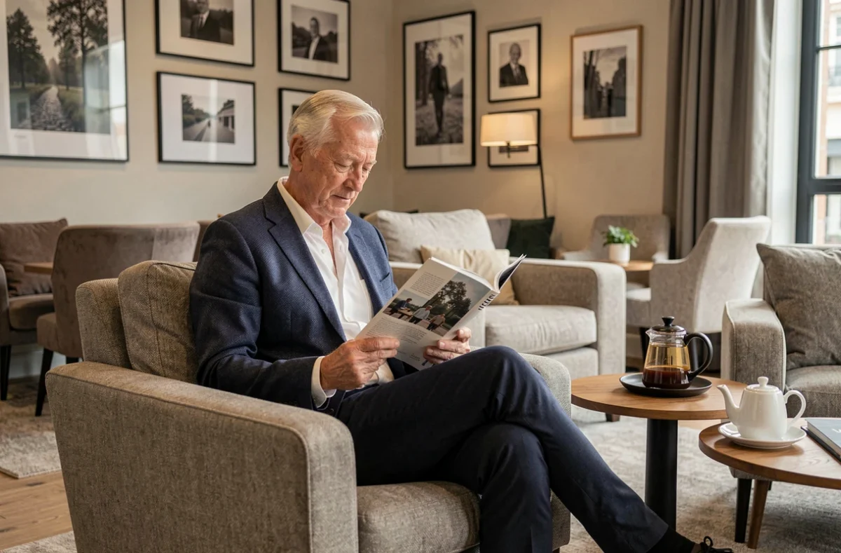 Résident senior dans le salon contemporain de la résidence Cogedim Club à Beauvais