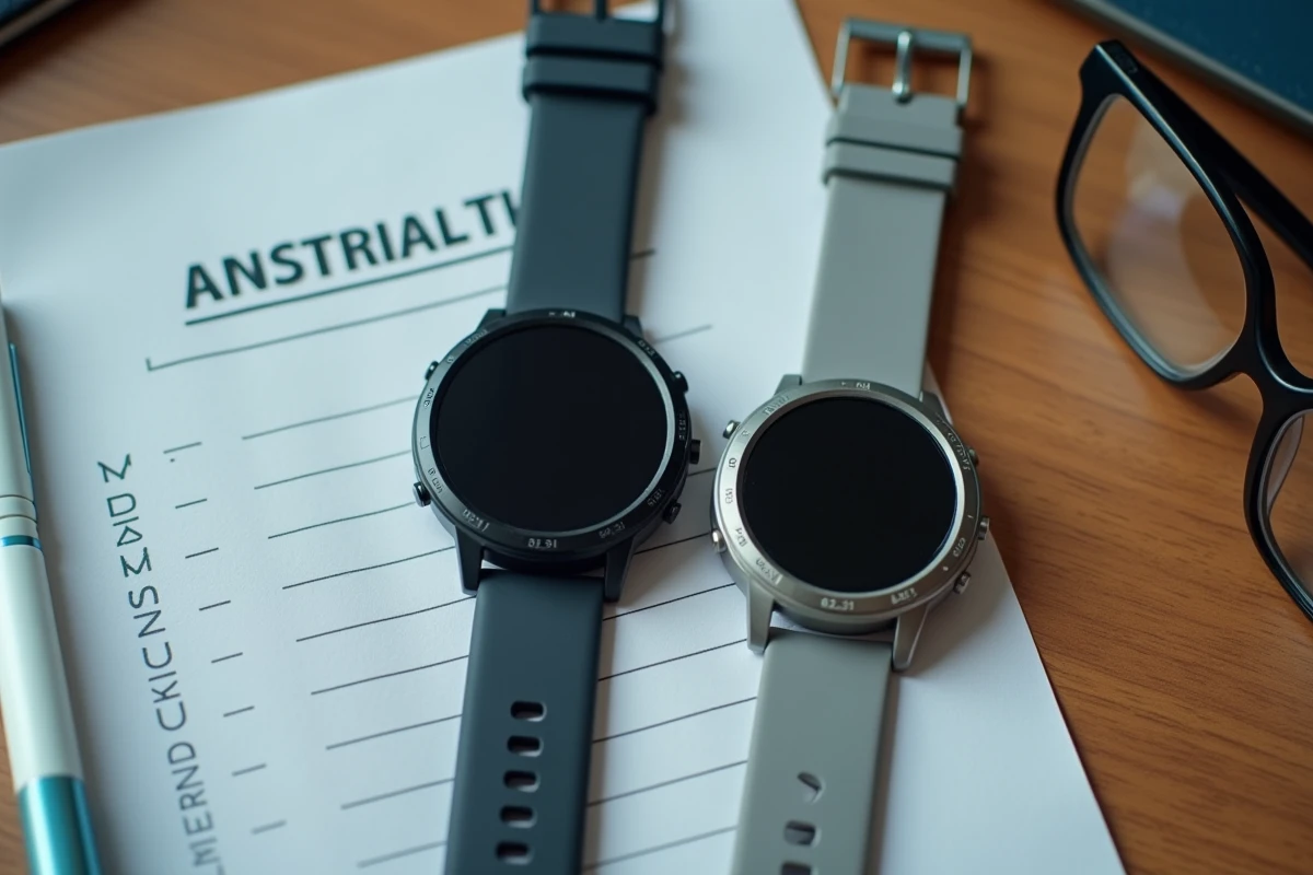 Comparaison de deux montres SOS pour seniors posées sur un bureau avec une liste de critères d'achat