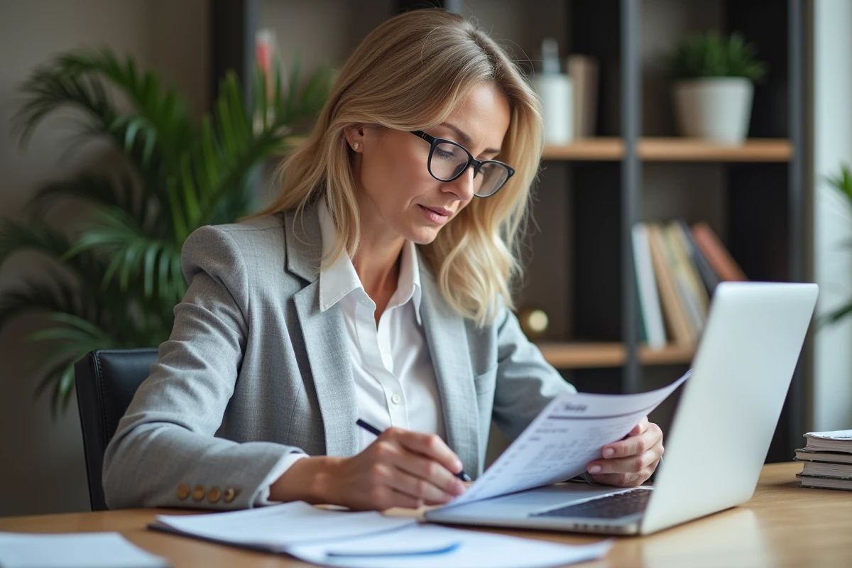 Femme comparant les tarifs d'un service d'aide à domicile sur des documents imprimés
