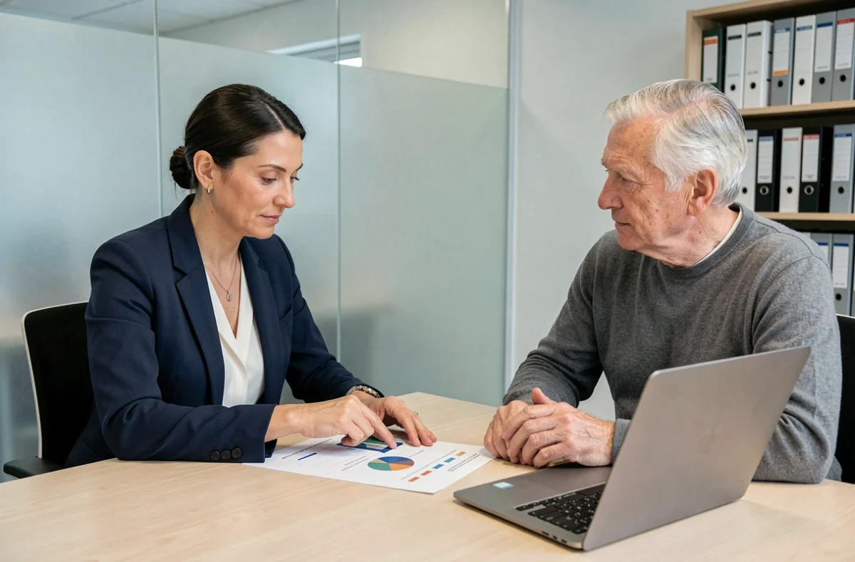 Conseillère financière présentant des solutions pour compenser le gel des pensions de retraite à un client