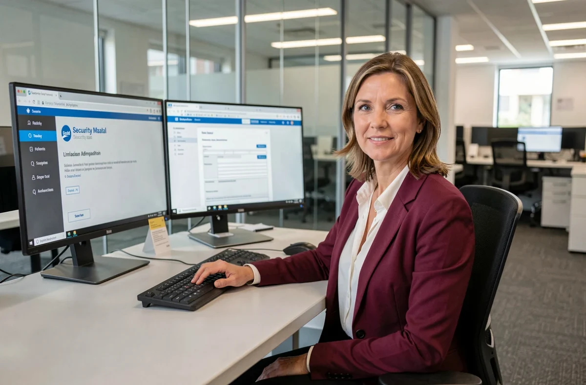 Conseillère Carsat en bureau administratif accompagnant les démarches en ligne de retraite et prévoyance