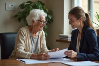 Personne âgée en consultation avec une assistante sociale pour une demande d'aide financière en maison de retraite