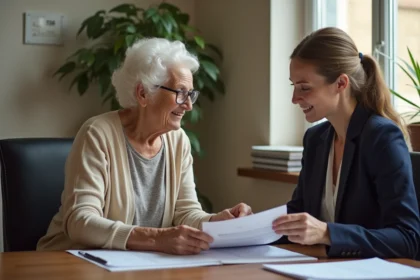 Personne âgée en consultation avec une assistante sociale pour une demande d'aide financière en maison de retraite