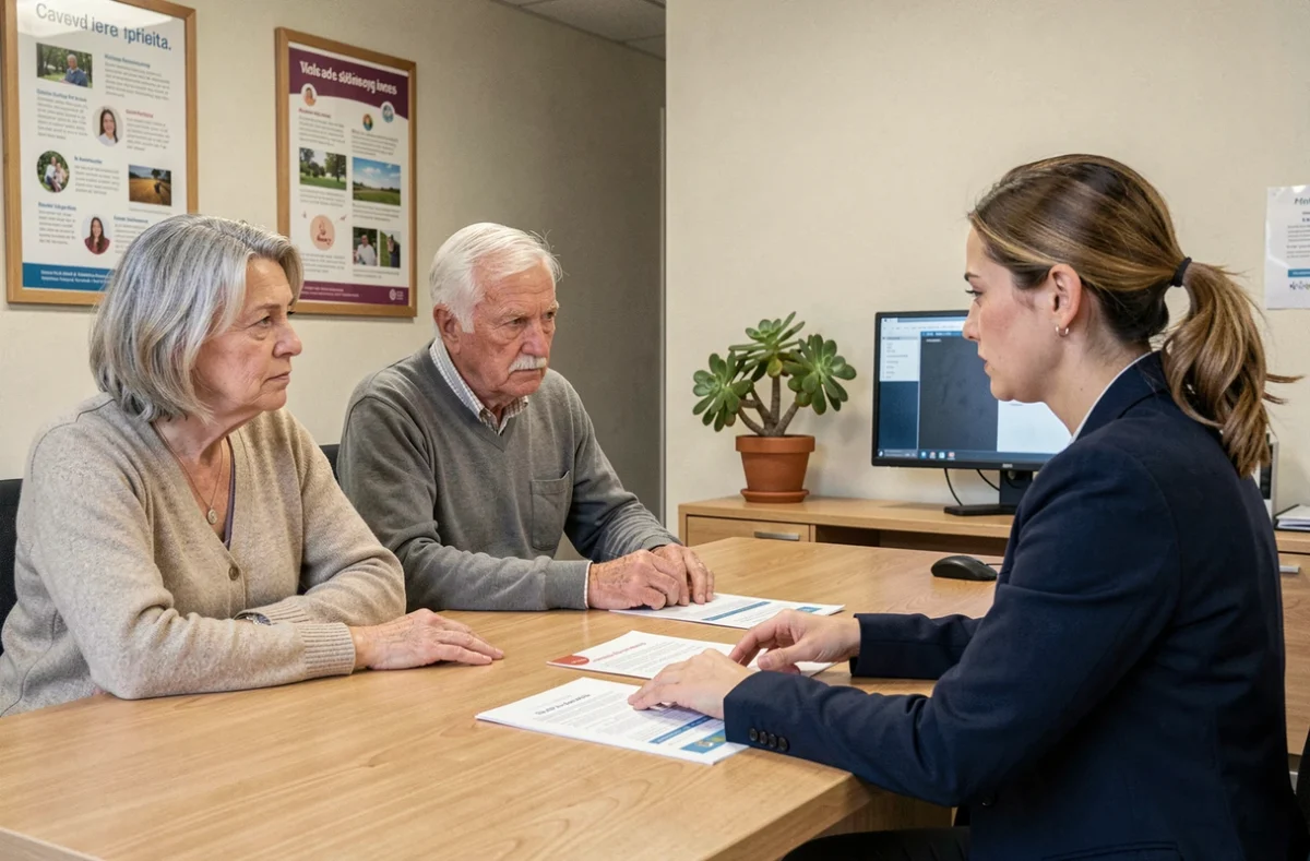 Une famille en consultation avec un conseiller d'EHPAD pour choisir entre maison de retraite et établissement médicalisé