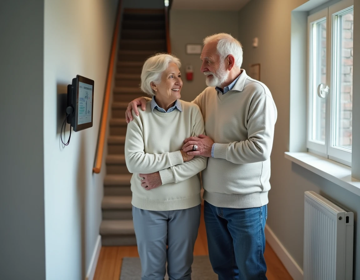 Couple de personnes âgées dans un couloir sécurisé avec capteur de mouvement et interface de téléassistance