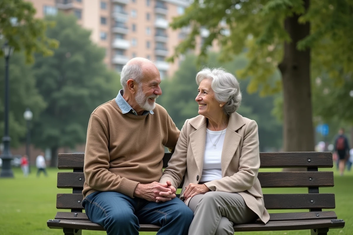 Couple retraité discutant dans un parc en plein air