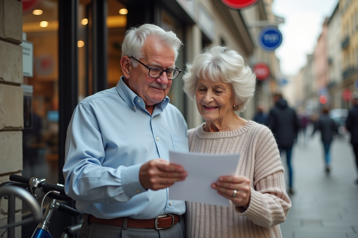Couple de retraités examinant un document devant un bureau de poste