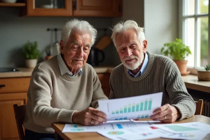 Couple de retraités français examinant des documents de pension