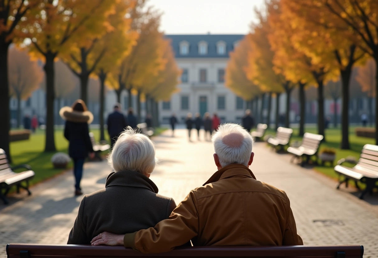 Couple retraité assis sur un banc dans un parc d