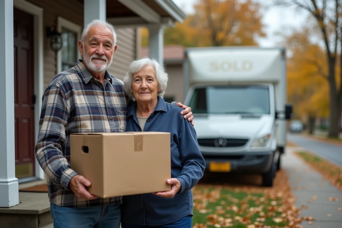 Couple de retraités devant leur maison lors d'un déménagement aidé financièrement